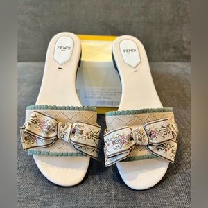 Fendi flat slide sandals size 39, dusty pink and sage.
